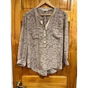 Women’s Rebecca Taylor Pure Silk Beige Button Henley Abstract Brushstroke Blouse